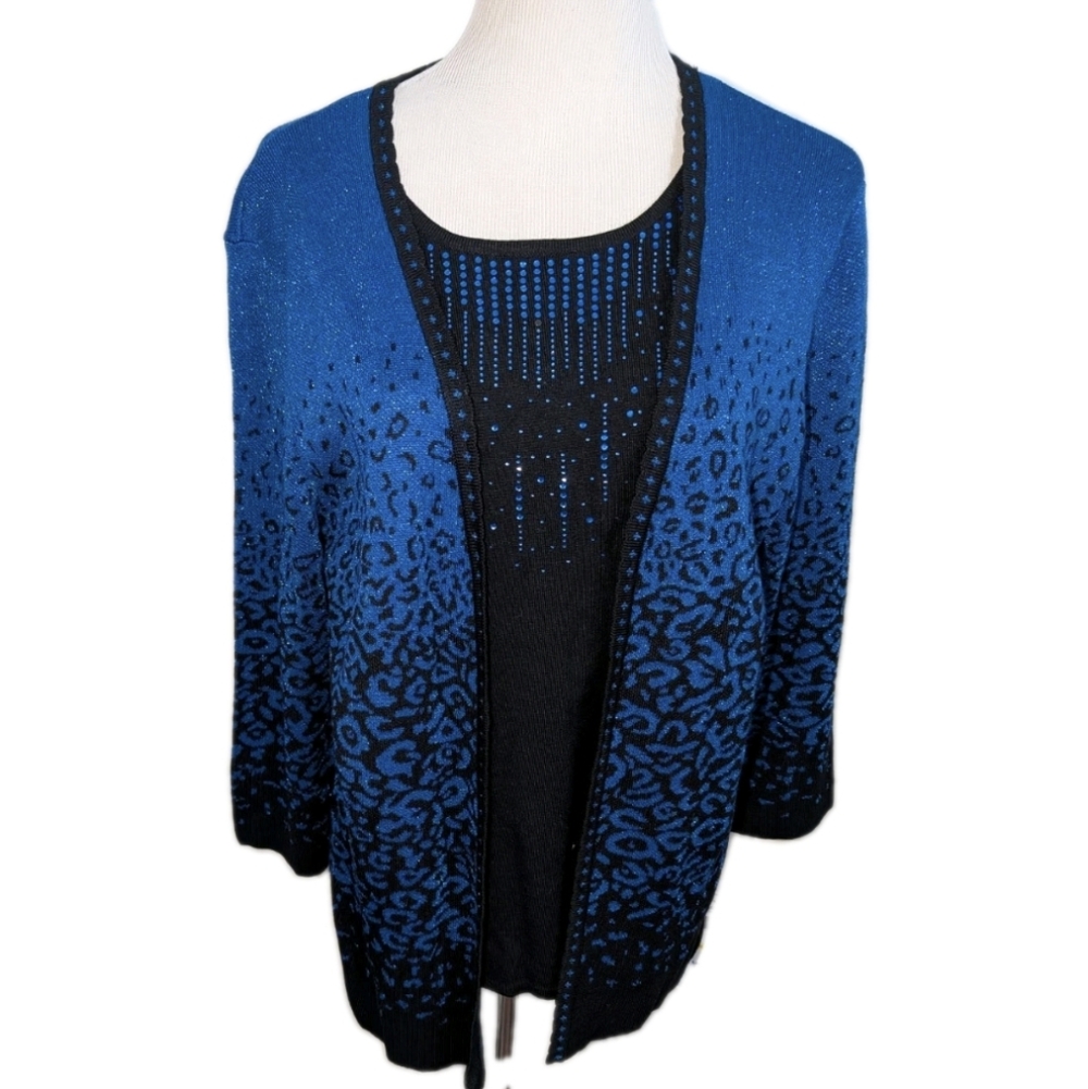 NWT Alfred Dunner Blue and Black Metallic Beaded 3/4 Sleeve  Cardigan Sweater
